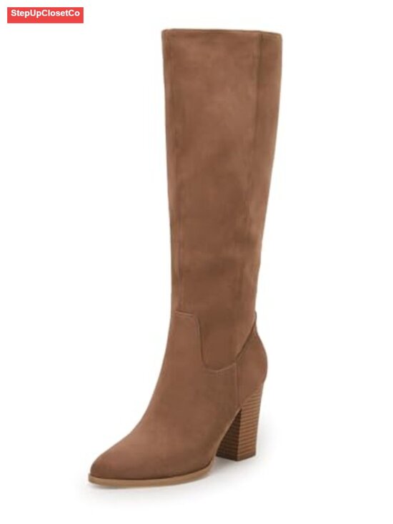 Shoes - Faux Suede Knee High Boots Pointed Toe Block Heel Women's Winter Footwear
